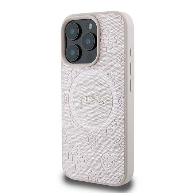 Guess iPhone 16 Pro - Saffiano Peony Classic Logo - MagSafe Σκληρή Θήκη με Πλαίσιο Σιλικόνης και Συνθετικό Δέρμα - Pink - GUHMP16LPSAPSMEP