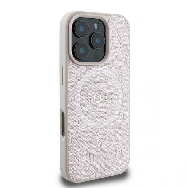 Guess iPhone 16 Pro - Saffiano Peony Classic Logo - MagSafe Σκληρή Θήκη με Πλαίσιο Σιλικόνης και Συνθετικό Δέρμα - Pink - GUHMP16LPSAPSMEP