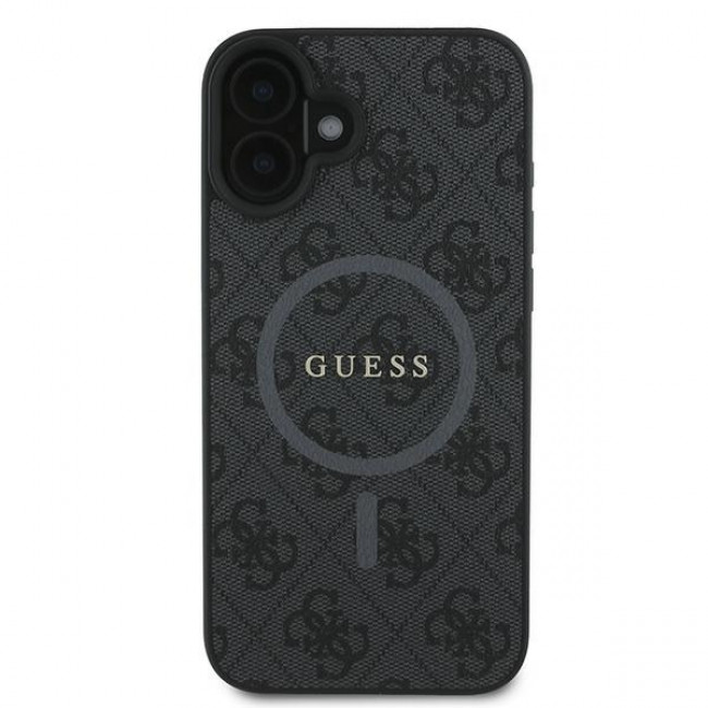 Guess iPhone 16 Plus - 4G Ring Classic Logo - MagSafe Θήκη με Επένδυση Συνθετικού Δέρματος - Black - GUHMP16MG4GFRK