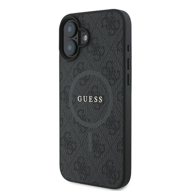 Guess iPhone 16 Plus - 4G Ring Classic Logo - MagSafe Θήκη με Επένδυση Συνθετικού Δέρματος - Black - GUHMP16MG4GFRK