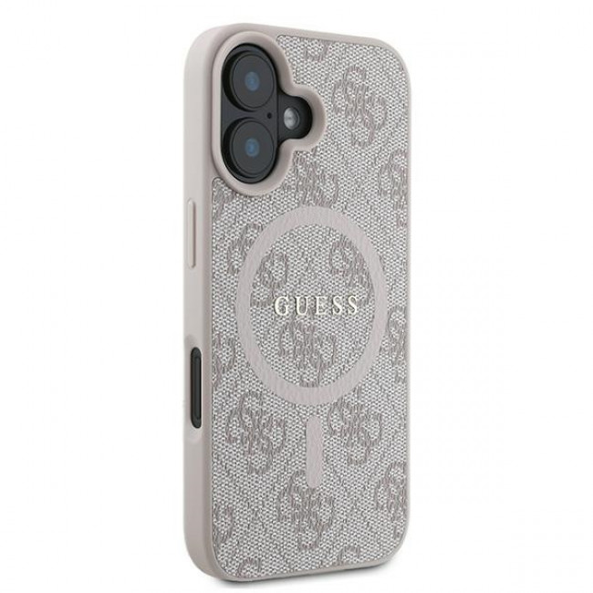 Guess iPhone 16 Plus - 4G Ring Classic Logo - MagSafe Θήκη με Επένδυση Συνθετικού Δέρματος - Pink - GUHMP16MG4GFRP