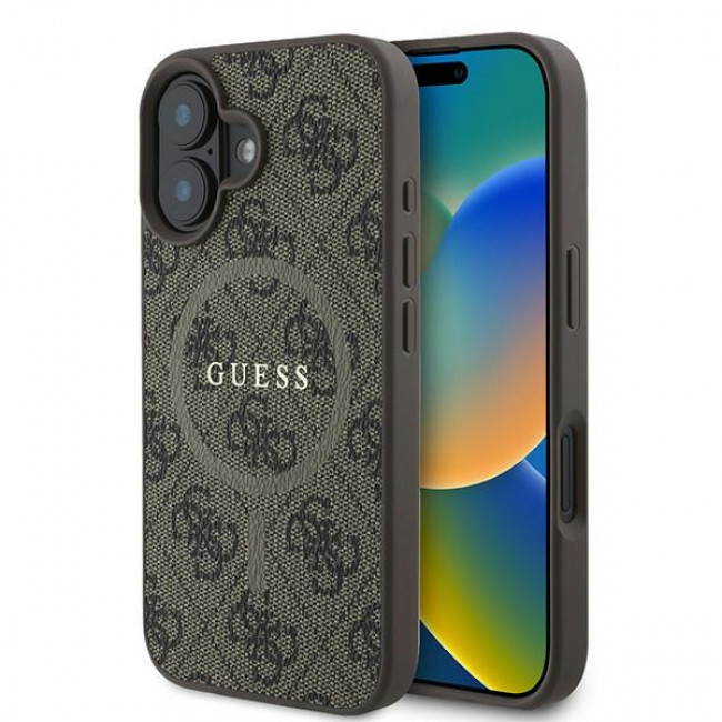 Guess iPhone 16 Plus - 4G Ring Classic Logo - MagSafe Θήκη με Επένδυση Συνθετικού Δέρματος - Brown - GUHMP16MG4GFRW