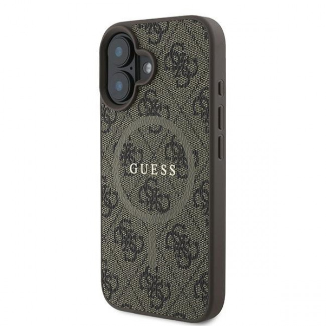 Guess iPhone 16 Plus - 4G Ring Classic Logo - MagSafe Θήκη με Επένδυση Συνθετικού Δέρματος - Brown - GUHMP16MG4GFRW