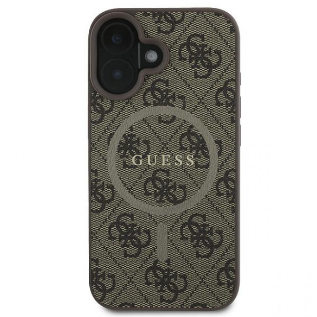 Guess iPhone 16 Plus - 4G Ring Classic Logo - MagSafe Θήκη με Επένδυση Συνθετικού Δέρματος - Brown - GUHMP16MG4GFRW