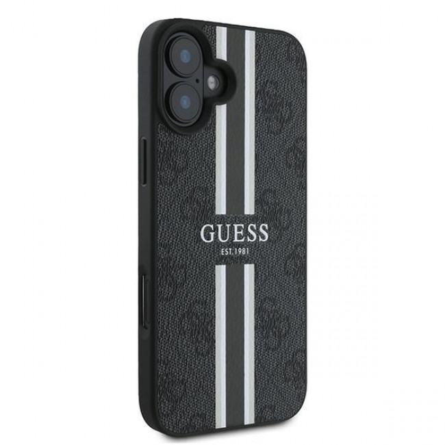 Guess iPhone 16 Plus - 4G Printed Stripes - MagSafe Θήκη με Επένδυση Συνθετικού Δέρματος - Black - GUHMP16MP4RPSK