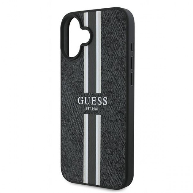 Guess iPhone 16 Plus - 4G Printed Stripes - MagSafe Θήκη με Επένδυση Συνθετικού Δέρματος - Black - GUHMP16MP4RPSK