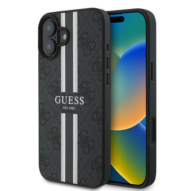 Guess iPhone 16 Plus - 4G Printed Stripes - MagSafe Θήκη με Επένδυση Συνθετικού Δέρματος - Black - GUHMP16MP4RPSK