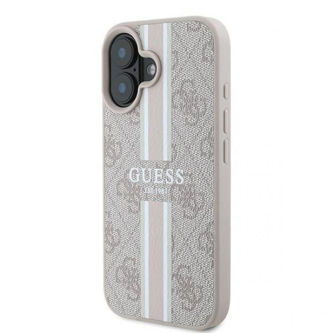 Guess iPhone 16 Plus - 4G Printed Stripes - MagSafe Θήκη με Επένδυση Συνθετικού Δέρματος - Pink - GUHMP16MP4RPSP