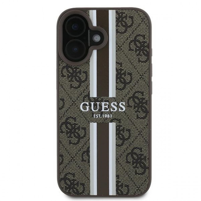 Guess iPhone 16 Plus - 4G Printed Stripes - MagSafe Θήκη με Επένδυση Συνθετικού Δέρματος - Brown - GUHMP16MP4RPSW