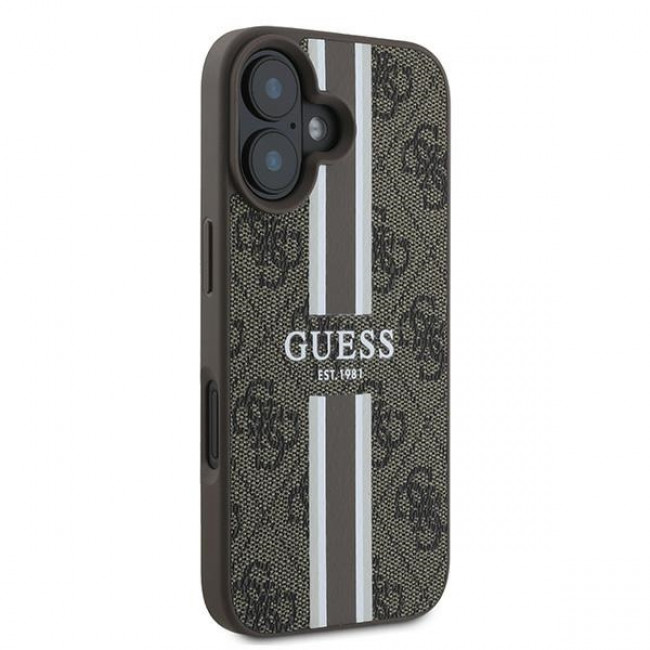 Guess iPhone 16 Plus - 4G Printed Stripes - MagSafe Θήκη με Επένδυση Συνθετικού Δέρματος - Brown - GUHMP16MP4RPSW