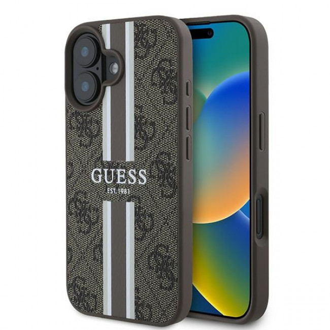 Guess iPhone 16 Plus - 4G Printed Stripes - MagSafe Θήκη με Επένδυση Συνθετικού Δέρματος - Brown - GUHMP16MP4RPSW