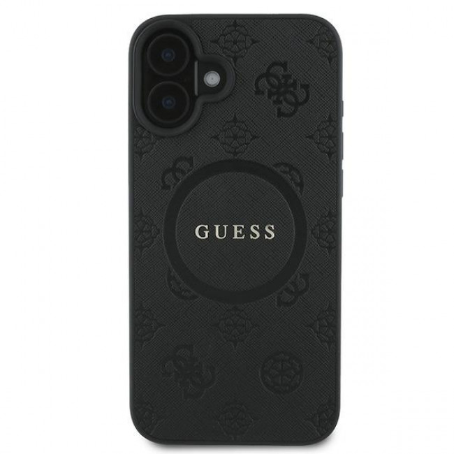 Guess iPhone 16 Plus - Saffiano Peony Classic Logo - MagSafe Σκληρή Θήκη με Πλαίσιο Σιλικόνης και Συνθετικό Δέρμα - Black - GUHMP16MPSAPSMEK