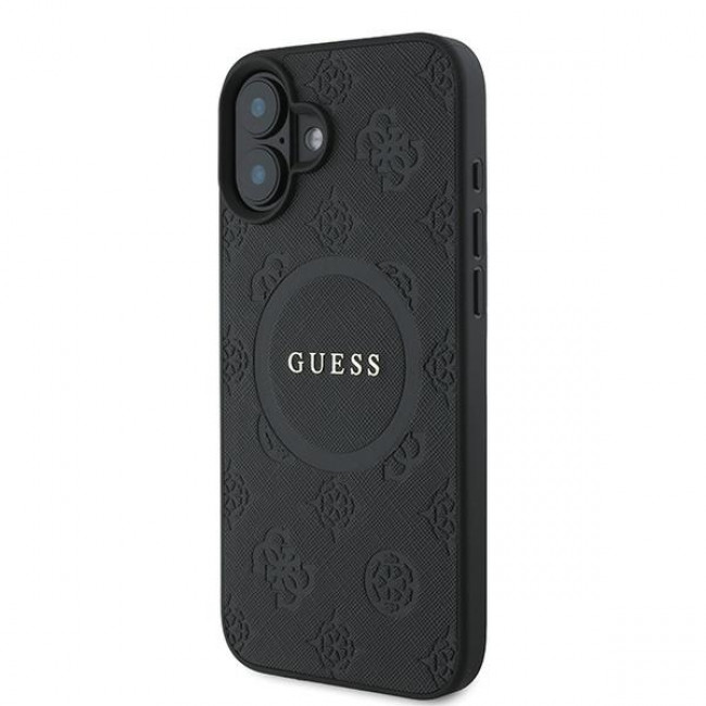 Guess iPhone 16 Plus - Saffiano Peony Classic Logo - MagSafe Σκληρή Θήκη με Πλαίσιο Σιλικόνης και Συνθετικό Δέρμα - Black - GUHMP16MPSAPSMEK