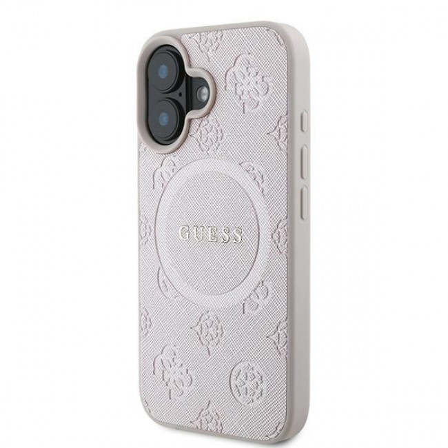 Guess iPhone 16 Plus - Saffiano Peony Classic Logo - MagSafe Σκληρή Θήκη με Πλαίσιο Σιλικόνης και Συνθετικό Δέρμα - Pink - GUHMP16MPSAPSMEP