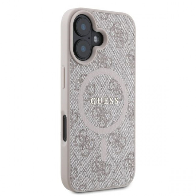 Guess iPhone 16 - 4G Ring Classic Logo - MagSafe Θήκη με Επένδυση Συνθετικού Δέρματος - Pink - GUHMP16SG4GFRP