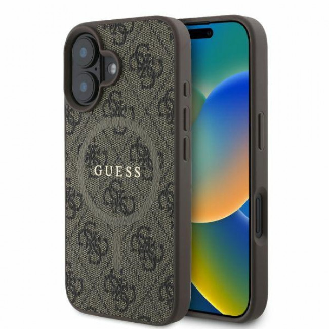 Guess iPhone 16 - 4G Ring Classic Logo - MagSafe Θήκη με Επένδυση Συνθετικού Δέρματος - Brown - GUHMP16SG4GFRW