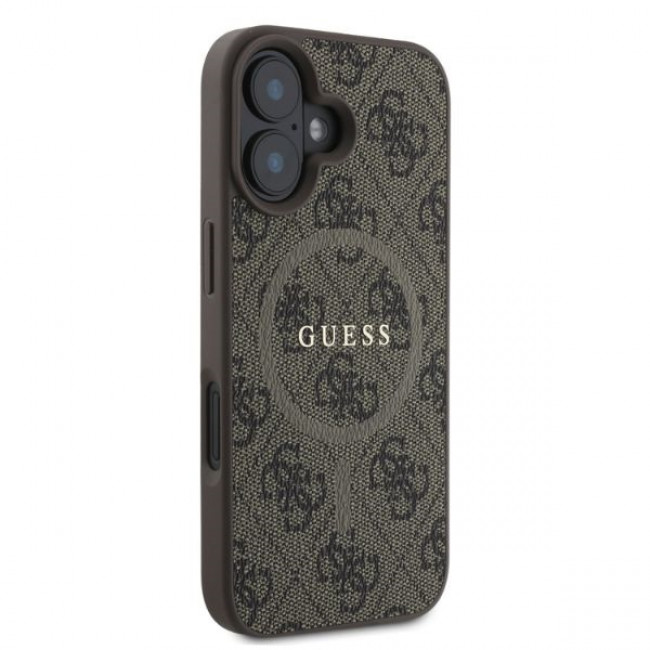 Guess iPhone 16 - 4G Ring Classic Logo - MagSafe Θήκη με Επένδυση Συνθετικού Δέρματος - Brown - GUHMP16SG4GFRW