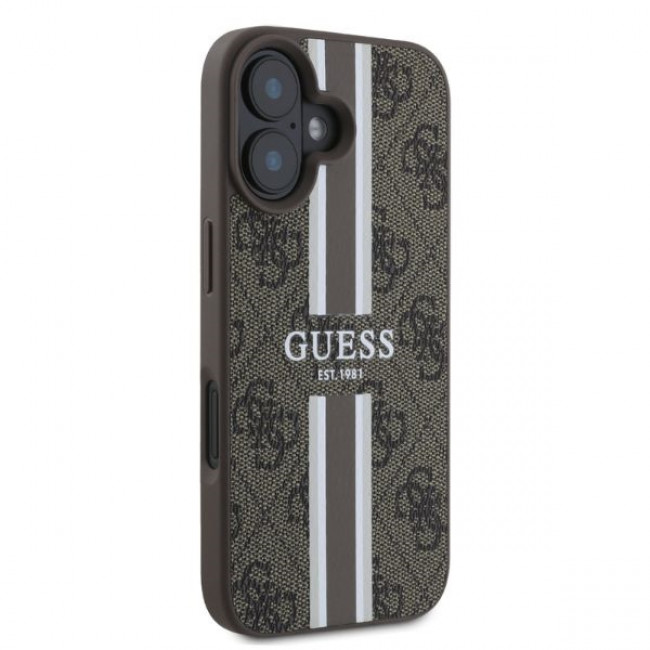 Guess iPhone 16 - 4G Printed Stripes - MagSafe Θήκη με Επένδυση Συνθετικού Δέρματος - Brown - GUHMP16SP4RPSW