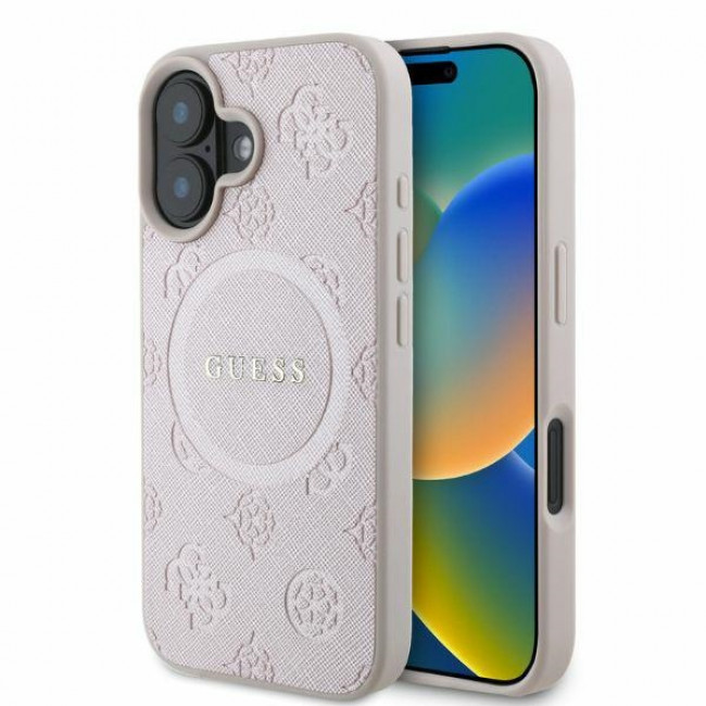 Guess iPhone 16 - Saffiano Peony Classic Logo - MagSafe Σκληρή Θήκη με Πλαίσιο Σιλικόνης και Συνθετικό Δέρμα - Pink - GUHMP16SPSAPSMEP