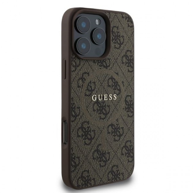 Guess iPhone 16 Pro Max - 4G Ring Classic Logo - MagSafe Θήκη με Επένδυση Συνθετικού Δέρματος και MagSafe - Brown - GUHMP16XG4GFRW