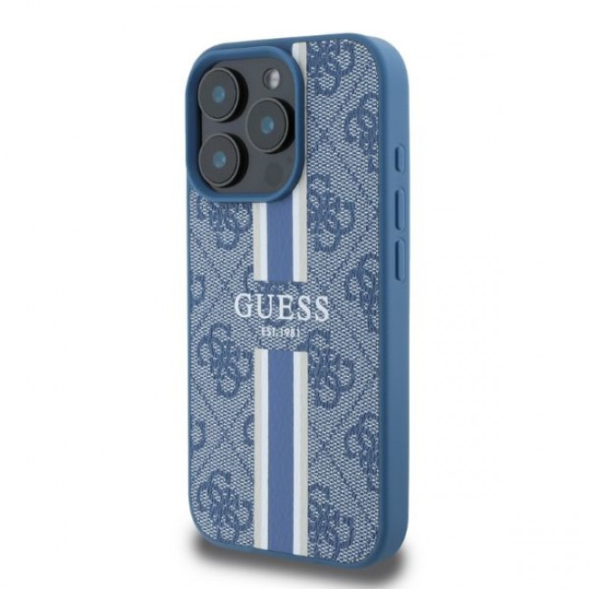 Guess iPhone 16 Pro Max - 4G Printed Stripes - MagSafe Θήκη με Επένδυση Συνθετικού Δέρματος - Blue - GUHMP16XP4RPSB