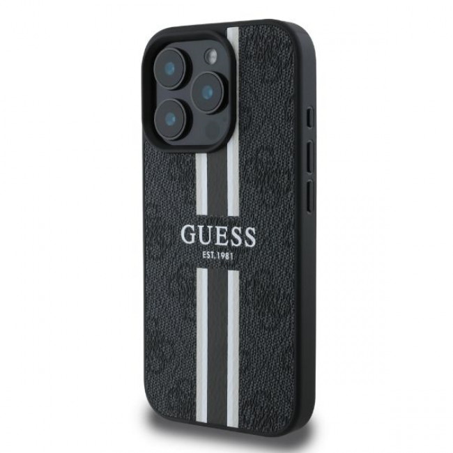 Guess iPhone 16 Pro Max - 4G Printed Stripes - MagSafe Θήκη με Επένδυση Συνθετικού Δέρματος - Black - GUHMP16XP4RPSK