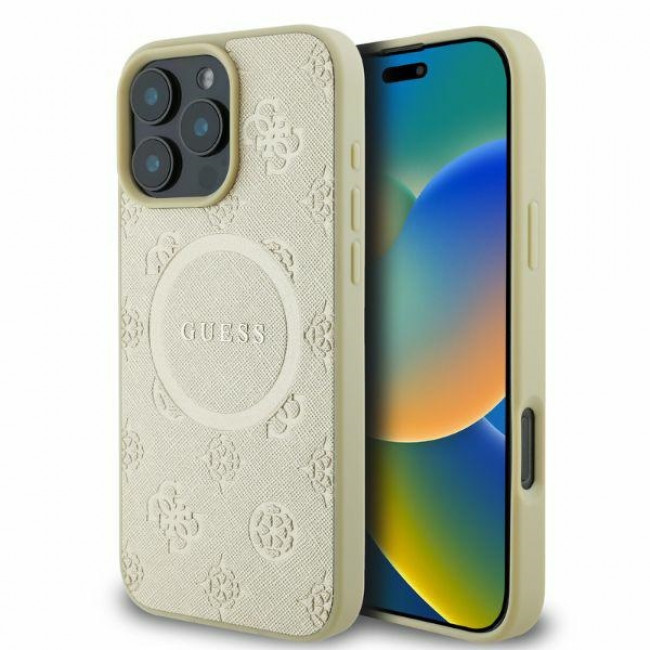 Guess iPhone 16 Pro Max - Saffiano Peony Classic Logo - MagSafe Σκληρή Θήκη με Πλαίσιο Σιλικόνης και Συνθετικό Δέρμα - Gold - GUHMP16XPSAPSMED