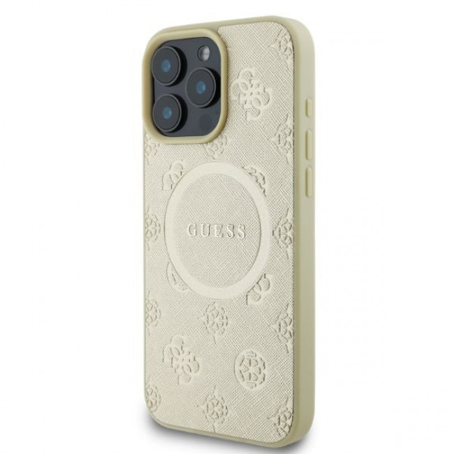 Guess iPhone 16 Pro Max - Saffiano Peony Classic Logo - MagSafe Σκληρή Θήκη με Πλαίσιο Σιλικόνης και Συνθετικό Δέρμα - Gold - GUHMP16XPSAPSMED