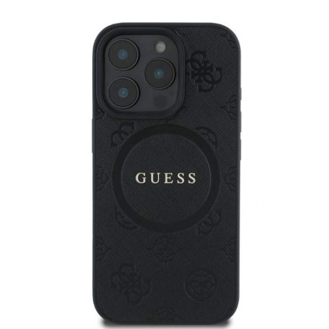 Guess iPhone 16 Pro Max - Saffiano Peony Classic Logo - MagSafe Σκληρή Θήκη με Πλαίσιο Σιλικόνης και Συνθετικό Δέρμα - Black - GUHMP16XPSAPSMEK