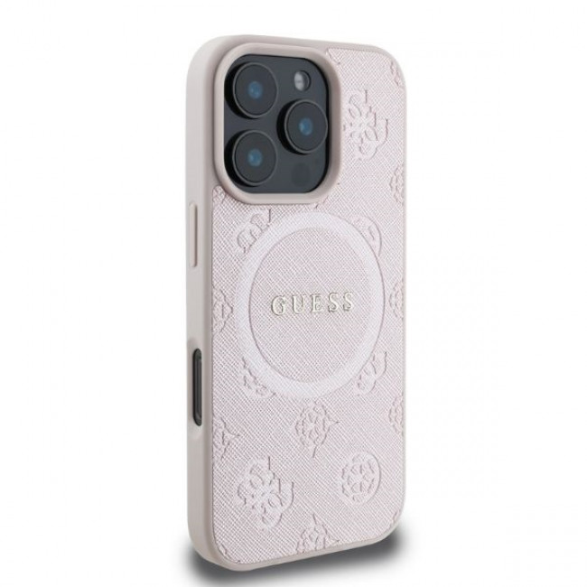 Guess iPhone 16 Pro Max - Saffiano Peony Classic Logo - MagSafe Σκληρή Θήκη με Πλαίσιο Σιλικόνης και Συνθετικό Δέρμα - Pink - GUHMP16XPSAPSMEP