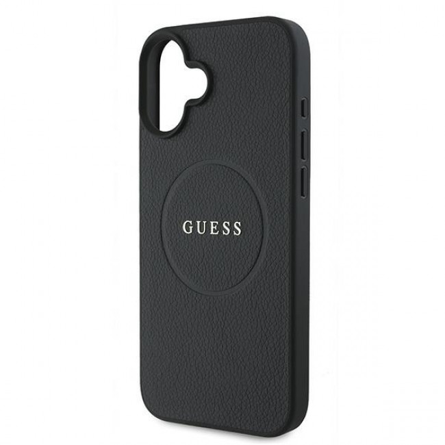 Guess iPhone 16 Plus - Grained Gold Ring - Magsafe Σκληρή Θήκη από Οικολογικό Δέρμα - Black - GUHMP16MPGHSMMK