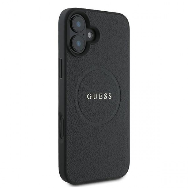 Guess iPhone 16 Plus - Grained Gold Ring - Magsafe Σκληρή Θήκη από Οικολογικό Δέρμα - Black - GUHMP16MPGHSMMK