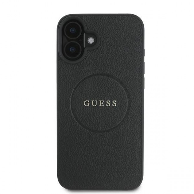 Guess iPhone 16 Plus - Grained Gold Ring - Magsafe Σκληρή Θήκη από Οικολογικό Δέρμα - Black - GUHMP16MPGHSMMK