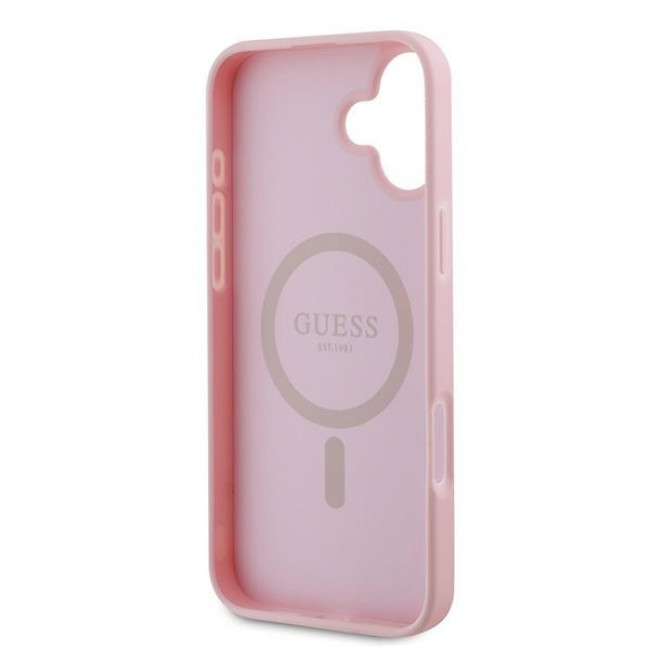 Guess iPhone 16 Plus - Grained Gold Ring - Magsafe Σκληρή Θήκη από Οικολογικό Δέρμα - Pink - GUHMP16MPGHSMMP