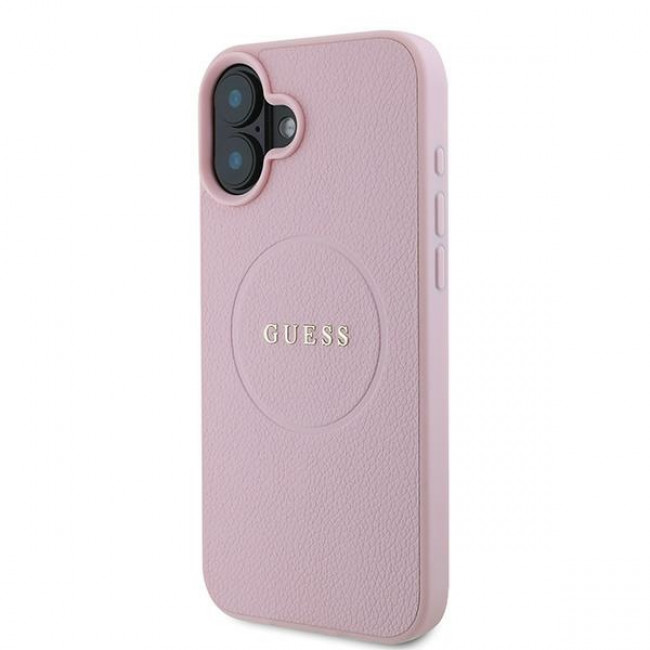 Guess iPhone 16 Plus - Grained Gold Ring - Magsafe Σκληρή Θήκη από Οικολογικό Δέρμα - Pink - GUHMP16MPGHSMMP