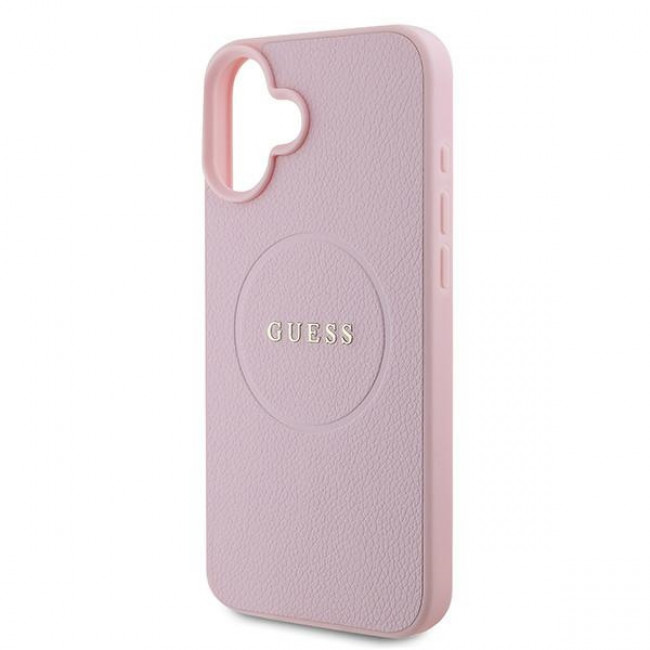 Guess iPhone 16 Plus - Grained Gold Ring - Magsafe Σκληρή Θήκη από Οικολογικό Δέρμα - Pink - GUHMP16MPGHSMMP