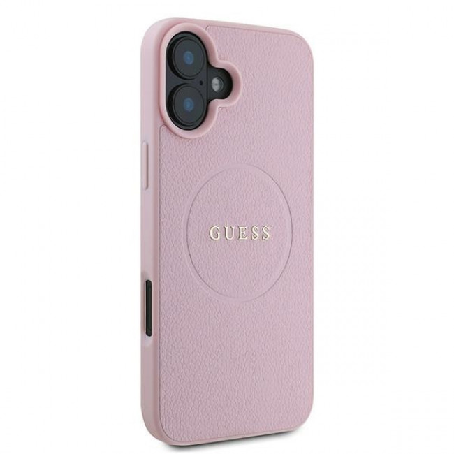 Guess iPhone 16 Plus - Grained Gold Ring - Magsafe Σκληρή Θήκη από Οικολογικό Δέρμα - Pink - GUHMP16MPGHSMMP