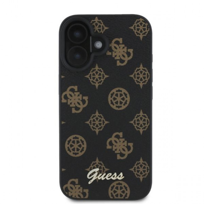 Guess iPhone 16 - Peony Script - MagSafe Θήκη με Επένδυση Συνθετικού Δέρματος - Black - GUHMP16SPGPYSK