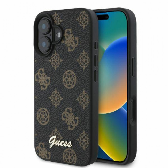 Guess iPhone 16 - Peony Script - MagSafe Θήκη με Επένδυση Συνθετικού Δέρματος - Black - GUHMP16SPGPYSK