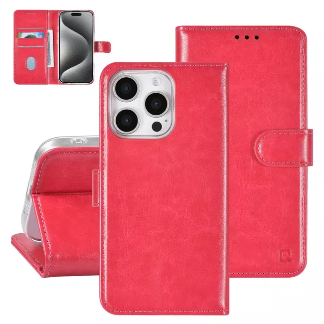 TUNIQ iPhone 16 Pro - Θήκη Πορτοφόλι Stand από Δερματίνη - Hot Pink