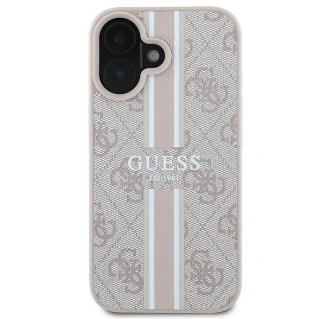 Guess iPhone 16 - 4G Printed Stripes - MagSafe Θήκη με Επένδυση Συνθετικού Δέρματος - Pink - GUHMP16SP4RPSP