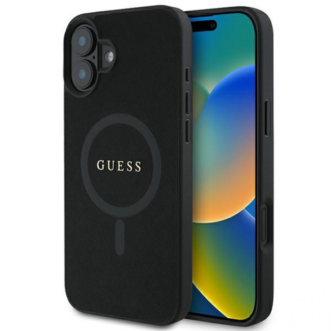 Guess iPhone 16 Plus - Saffiano Classic Logo - MagSafe Σκληρή Θήκη με Πλαίσιο Σιλικόνης - Black - GUHMP16MPSAHMCK