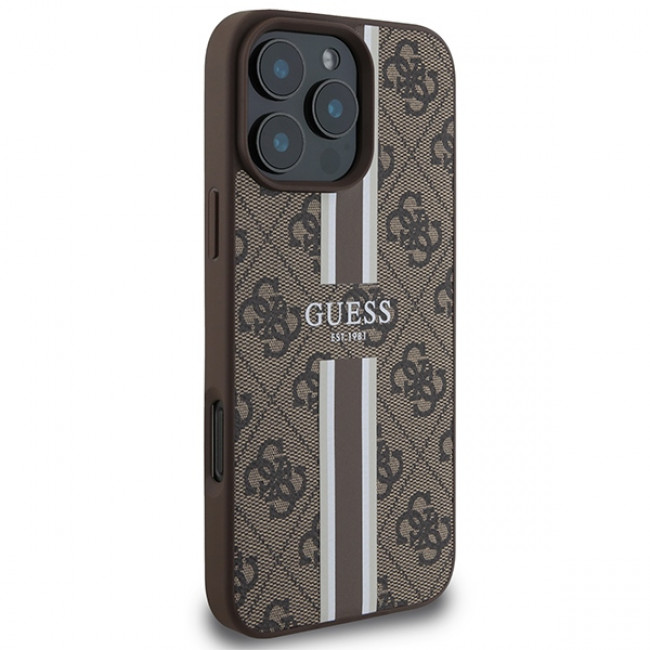 Guess iPhone 16 Pro Max - 4G Printed Stripes - MagSafe Θήκη με Επένδυση Συνθετικού Δέρματος - Brown - GUHMP16XP4RPSW