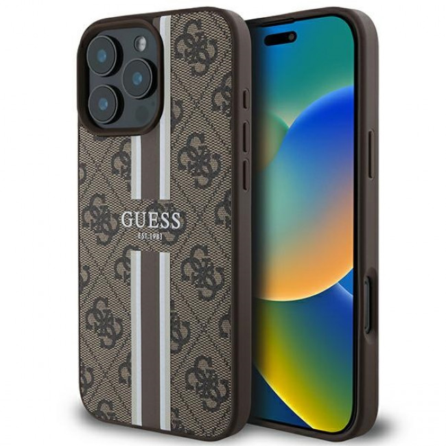 Guess iPhone 16 Pro Max - 4G Printed Stripes - MagSafe Θήκη με Επένδυση Συνθετικού Δέρματος - Brown - GUHMP16XP4RPSW