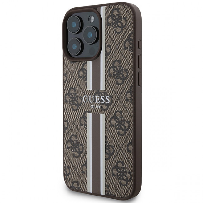 Guess iPhone 16 Pro Max - 4G Printed Stripes - MagSafe Θήκη με Επένδυση Συνθετικού Δέρματος - Brown - GUHMP16XP4RPSW