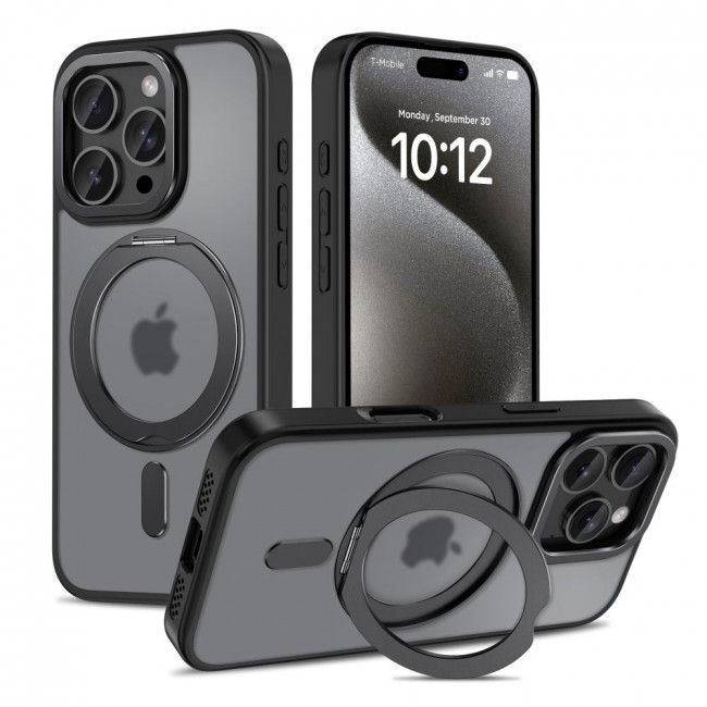 Tech-Protect iPhone 16 Pro Max MagRing - Σκληρή MagSafe Θήκη με Περιστρεφόμενο Δαχτυλίδι Συγκράτησης / Stand - Matte Black / Ημιδιάφανη