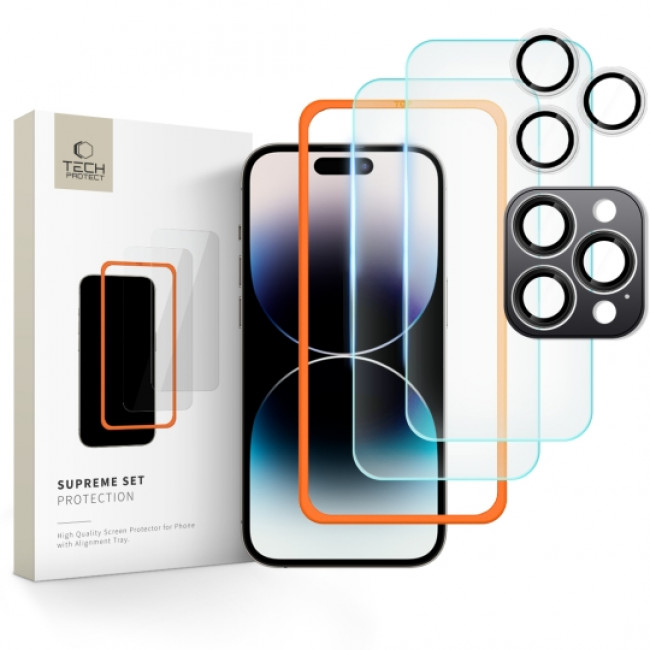 Tech-Protect iPhone 16 Pro Supreme Set - Σετ με 2 Tempered Glass Αντιχαρακτικά Γυαλιά Οθόνης και 1 Αντιχαρακτικό Γυαλί για την Κάμερα - Διάφανα