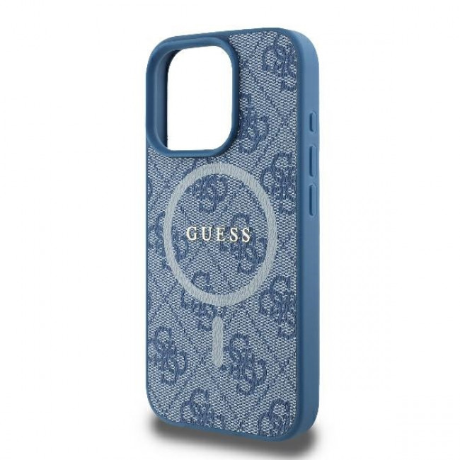 Guess iPhone 16 Pro - 4G Ring Classic Logo - MagSafe Θήκη με Επένδυση Συνθετικού Δέρματος και MagSafe - Blue - GUHMP16LG4GFRB