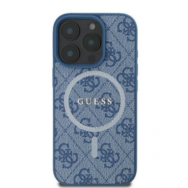 Guess iPhone 16 Pro - 4G Ring Classic Logo - MagSafe Θήκη με Επένδυση Συνθετικού Δέρματος και MagSafe - Blue - GUHMP16LG4GFRB