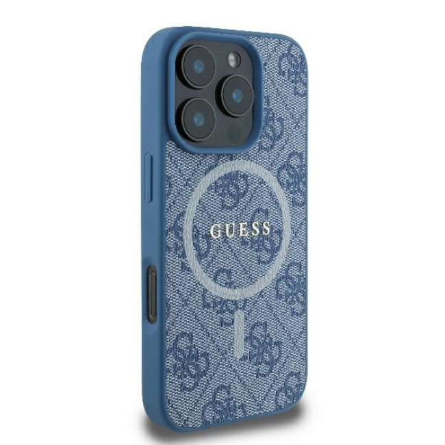 Guess iPhone 16 Pro - 4G Ring Classic Logo - MagSafe Θήκη με Επένδυση Συνθετικού Δέρματος και MagSafe - Blue - GUHMP16LG4GFRB